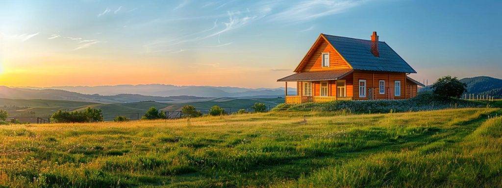 a vibrant, freshly painted house stands proudly under the warm glow of the afternoon sun, showcasing its rich colors against the backdrop of a clear blue sky and lush green landscape.