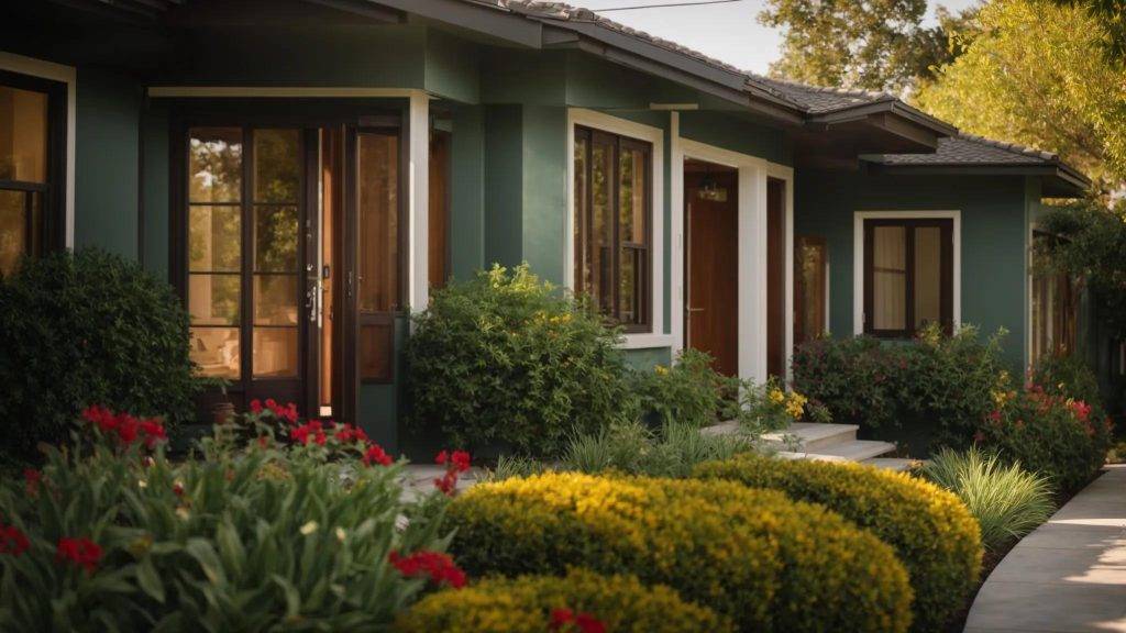 a vibrant, sunlit exterior of a freshly painted home showcases the rich, glossy finish of the paint, surrounded by well-maintained landscaping that emphasizes the theme of longevity and care in home maintenance.