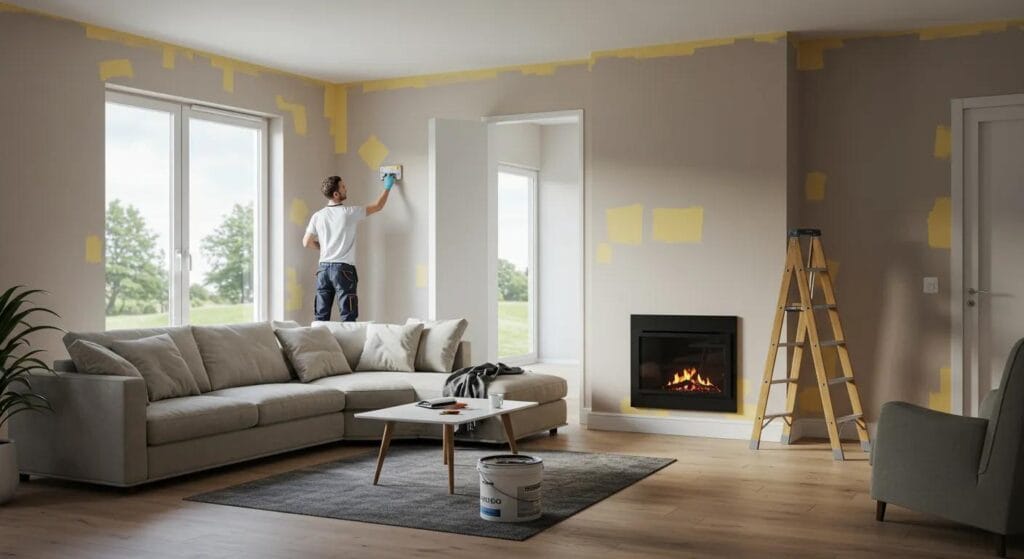 a vibrant interior of a modern home showcases a professional painter expertly applying a fresh coat of bright color to a wall, emphasizing innovative residential painting techniques in an inviting living space.
