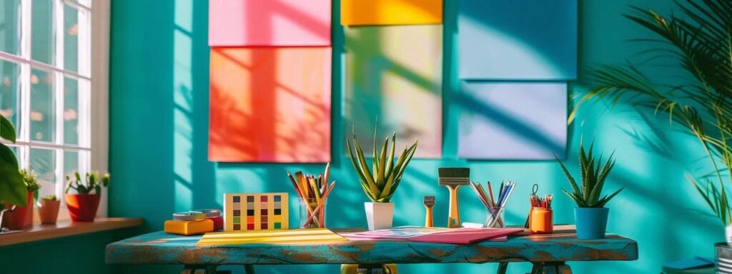 a contemporary home interior showcasing a vibrant, freshly painted room with color swatches on the walls and professional painting tools arranged neatly on a table, illustrating the planning stage of a thoughtful residential painting project.