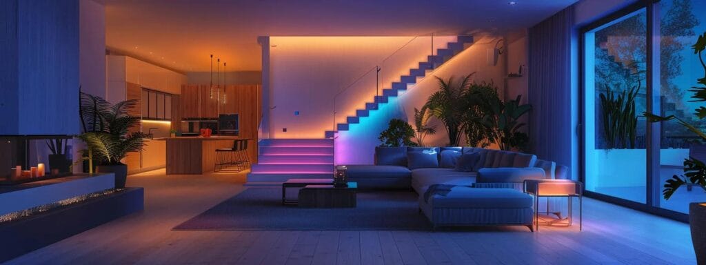 a modern, stylish interior of a springfield home showcases vibrant, eco-friendly paint options on the walls, illuminated by sleek, energy-efficient lighting, creating an engaging atmosphere of sustainability and contemporary design.
