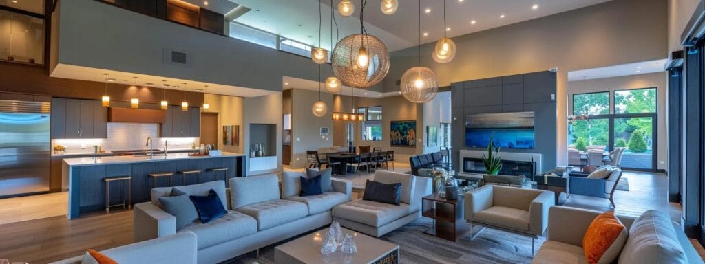 a sophisticated interior living space in a springfield home, showcasing a variety of glossy, matte, and satin paint finishes on the walls, illuminated by stylish pendant lighting, emphasizing the modern aesthetic and elegance of residential design.