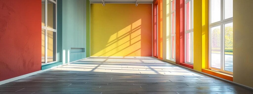 a spacious, modern interior of a springfield home showcases various vibrant wall paint finishes, each expertly displayed under bright, studio lighting that highlights their texture and color variations.