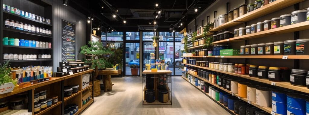 a vibrant urban paint store displays a curated selection of eco-friendly paint cans, showcasing modern design labels and organized shelving, illuminated by clean, overhead lighting that emphasizes the sustainable appeal and local craftsmanship.