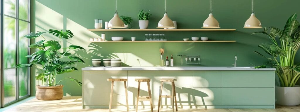 a modern kitchen featuring freshly painted walls in various shades of eco-friendly green, complemented by sleek, sustainable cabinetry and stylish, minimalistic decor, highlighting the importance of low-voc options in creating a health-conscious home environment.