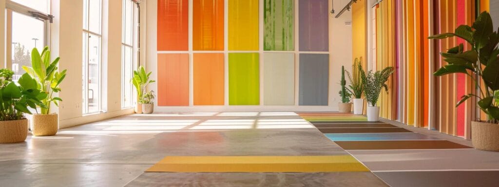 a vibrant showroom displays an array of eco-friendly paint samples, including colorful water-based latex, natural clay, and recycled latex formulations, set against a sleek, modern office backdrop emphasizing sustainability in design.