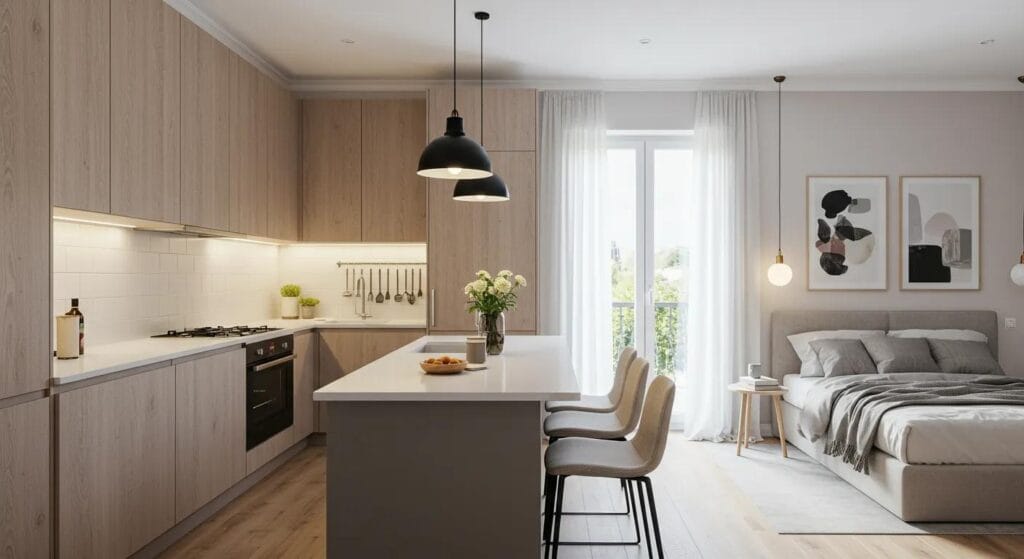a modern kitchen featuring sleek, moisture-resistant finishes and a cozy bedroom with soft, inviting textures, both meticulously styled to showcase the harmony between aesthetic beauty and functional durability in home design.