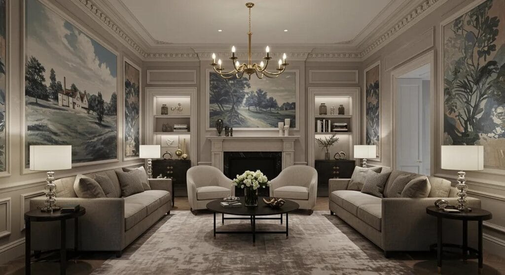 an elegant springfield residence showcases a contemporary living space adorned with striking, expertly applied painting finishes, blending traditional textures and modern color palettes under cool artificial lighting, highlighting the sophistication of the decor.