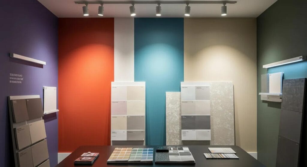 a vibrant home interior showcases various paint finishes on the walls, illuminated by dynamic artificial lighting, with color swatches and texture samples thoughtfully arranged on a modern table, reflecting the careful consideration homeowners must take in choosing the best options for their lifestyles.