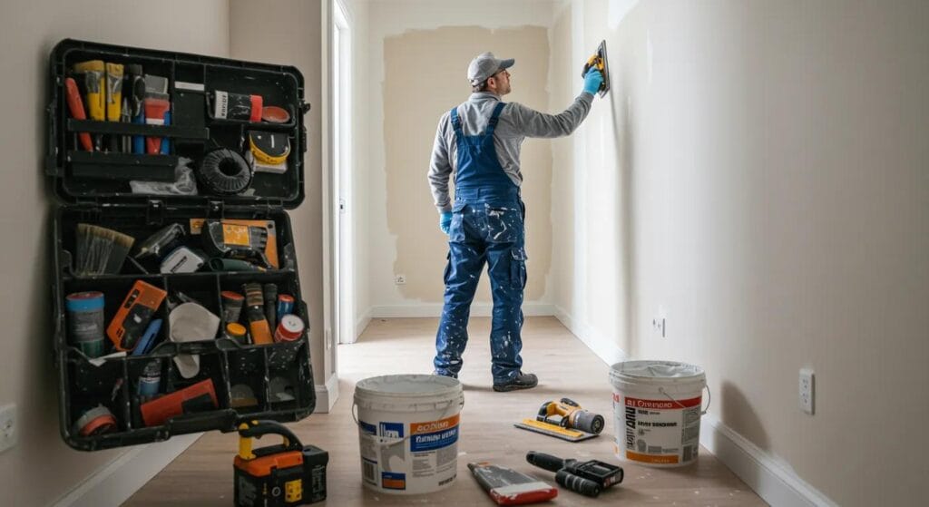 a meticulous professional in a bright, modern residential interior is skillfully preparing wall surfaces by sanding and patching, surrounded by an array of organized painting tools and a freshly rolled primer bucket, emphasizing the importance of thorough preparation for a flawless paint finish.