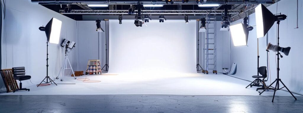 a meticulously arranged indoor workspace displays freshly prepped walls ready for a flawless paint job, featuring tools like brushes and rollers neatly organized on a crisp, white backdrop, illuminated by bright, focused studio lights that highlight the smooth, even surface awaiting color.