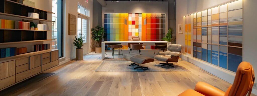 a modern interior room in a missouri home showcases a stylish color consultation with vibrant paint swatches displayed on sleek walls, complemented by a contemporary seating area that highlights the potential of a fresh residential makeover.