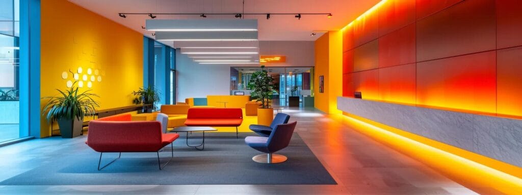 a modern office space featuring sleek, minimalist furniture adorned with vibrant wall colors from low-voc paints, illuminated by warm, ambient lighting that enhances the inviting atmosphere for productivity.