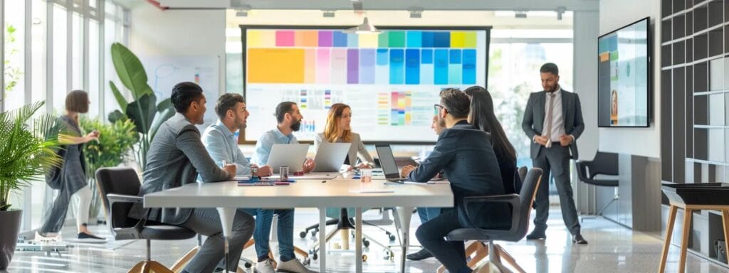 a modern office space features a sleek conference table surrounded by thoughtful professionals engaged in a discussion about the economic and health benefits of low-voc paints, with vibrant swatches of eco-friendly paint samples displayed prominently on the table.