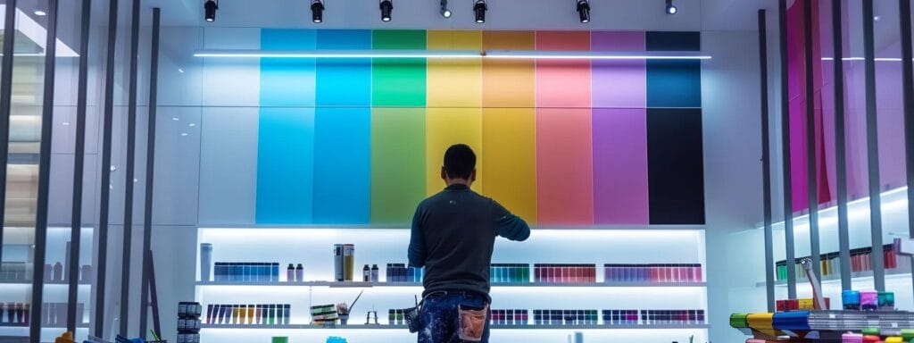 a professional painter meticulously applies vibrant low-voc paint to a modern office wall, surrounded by neatly arranged painting tools and color swatches, illuminated by bright overhead lights that highlight the crisp finish of the work.