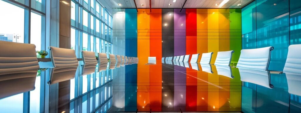 a sleek, modern office interior showcases a color palette of low-voc paint samples displayed prominently on a polished conference table, with vibrant hues and smooth finishes reflecting the latest eco-friendly trends in business solutions.