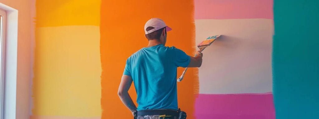 a vibrant, modern interior showcasing a freshly painted wall in a stylish springfield living room, with professional painters meticulously applying the final touches under bright, focused lighting.