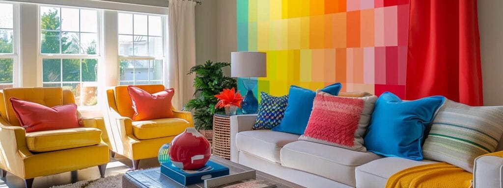 an elegantly designed interior of a springfield home showcases a vibrant color consultation in progress, with a professional color consultant presenting a palette of bold hues against a stylishly arranged living room backdrop.
