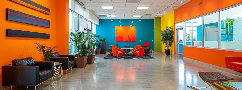 a modern office environment showcases a professional interior with freshly painted walls and vibrant color samples displayed, emphasizing expert commercial painting maintenance techniques for thriving springfield businesses.