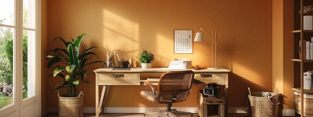 a beautifully arranged interior of a well-lit springfield home showcases a freshly painted wall in a warm, inviting color, highlighting essential painting tools and care tips displayed neatly on a modern desk.