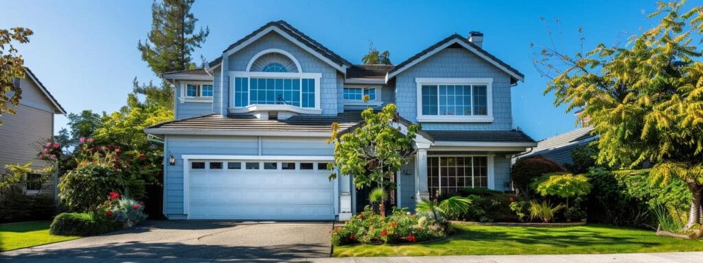 a bright and well-maintained suburban home stands proudly against a clear blue sky, showcasing its freshly painted exterior that gleams under the afternoon sun, highlighting the importance of regular maintenance in preserving its charm.