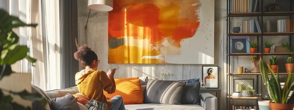 a modern, well-lit living room showcases a homeowner meticulously applying paint touch-ups on vibrant wall art, surrounded by neatly organized painting supplies and tools that evoke a sense of care and attention to detail in home maintenance.