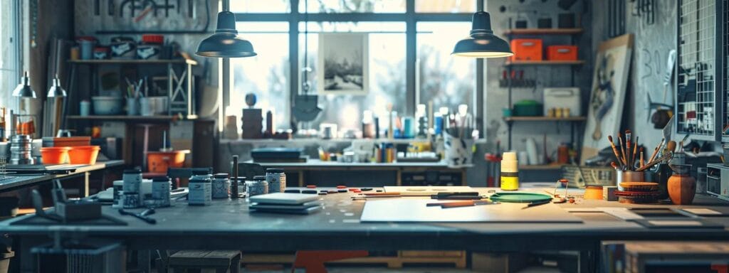 a modern workshop setting with an array of neatly organized painting supplies and surfaces being expertly prepared, illuminated by bright overhead lights that highlight the craftsmanship and focus required for optimal painting results.