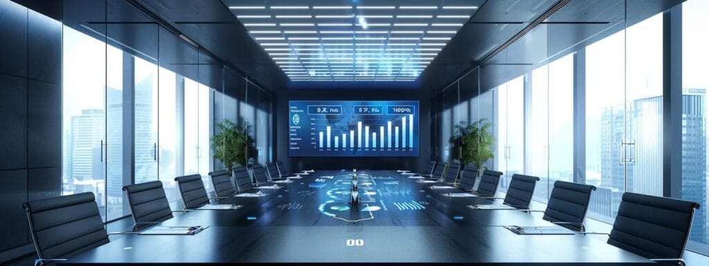 a sleek modern office space features a large conference table covered with detailed graphs and charts outlining the commercial painting cost breakdown, the ambiance enhanced by soft, focused overhead lighting highlighting the professional atmosphere of a strategic meeting.