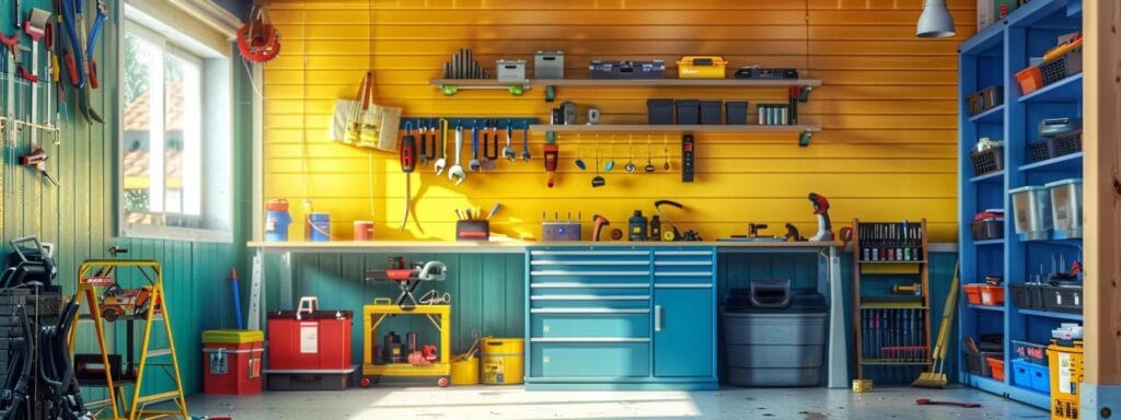 a well-organized workshop in missouri, featuring a large, vibrant painted wall as the focal point, surrounded by various tools and cleaning supplies, conveying a message of meticulous care and maintenance for painted surfaces.